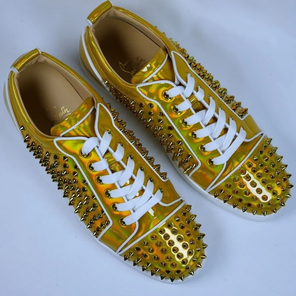 Christian Louboutin Louis Junior SpikesGold Holographic Low Top Sneaker Men 44.5